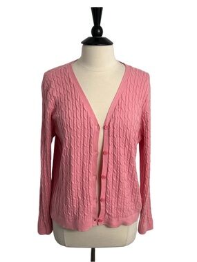 Lands' End Women's Long Sleeve Cable-Knit Button-Down Cardigan, Pink, Size XL